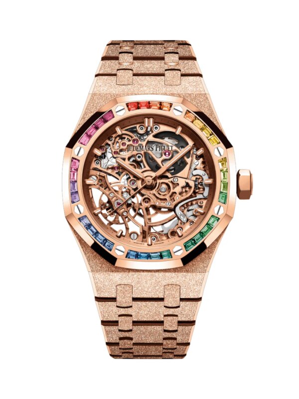 Audemars Piguet Royal Oak Openworked Frosted Rose Gold Rainbow Bezel 15468OR.YG.1259OR.01 with 18k frosted rose gold case, rainbow gemstone bezel, and openworked dial.