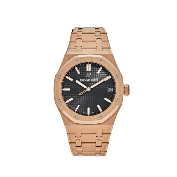 Audemars Piguet Royal Oak Selfwinding 15500OR.OO.1220OR.01 41mm watch in 18-carat rose gold with black 'Grand Tapisserie' dial, rose gold hour-markers, and matching bracelet.