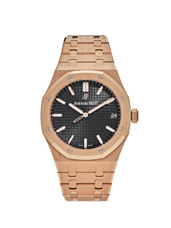 Audemars Piguet Royal Oak Selfwinding 15500OR.OO.1220OR.01 41mm watch in 18-carat rose gold with black 'Grand Tapisserie' dial, rose gold hour-markers, and matching bracelet.