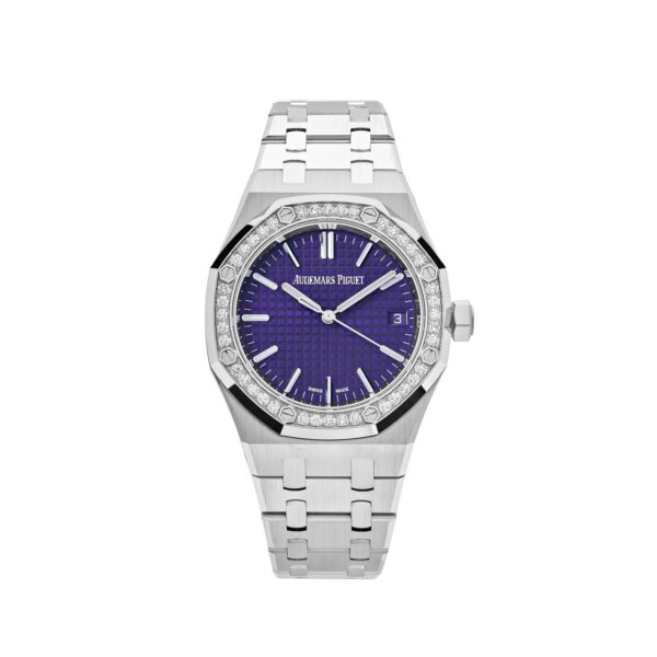 Audemars Piguet Royal Oak Selfwinding 37mm white gold watch with diamond-set bezel, deep purple Grande Tapisserie dial, and white gold bracelet.