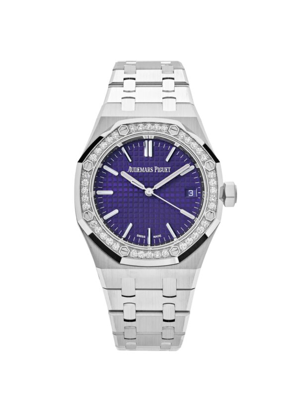 Audemars Piguet Royal Oak Selfwinding 37mm white gold watch with diamond-set bezel, deep purple Grande Tapisserie dial, and white gold bracelet.