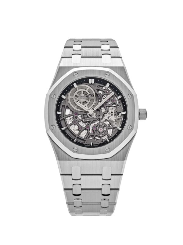 Audemars Piguet Royal Oak 16204BC.OO.1240BC.01 with 39mm 18-carat white gold case, openworked dial, dark gray movement, and white gold bracelet.