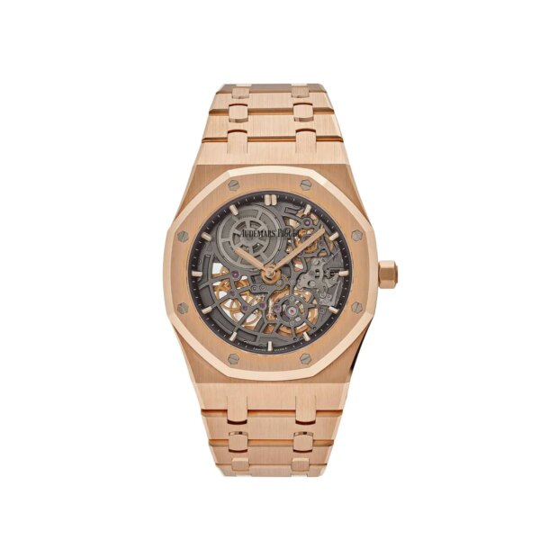 Audemars Piguet Royal Oak 16204OR.OO.1240OR.03 Openworked 'Jumbo' Extra-Thin watch in rose gold with a 39mm case, slate openworked dial, pink gold hour-markers, luminescent hands, and rose gold bracelet.