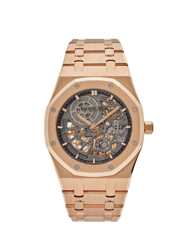 Audemars Piguet Royal Oak 16204OR.OO.1240OR.03 Openworked 'Jumbo' Extra-Thin watch in rose gold with a 39mm case, slate openworked dial, pink gold hour-markers, luminescent hands, and rose gold bracelet.