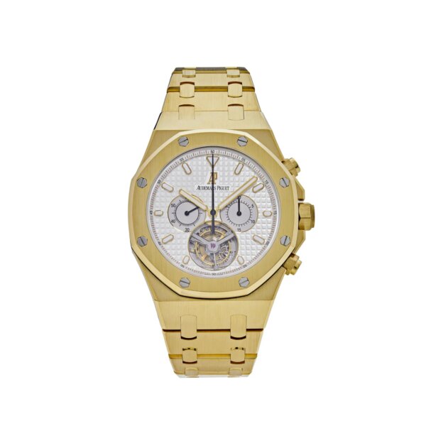 Audemars Piguet Royal Oak 25977BA.OO.1205BA.01 Chronograph Tourbillon in 18k yellow gold with a 44mm case, silver Tapisserie dial, and gold bracelet with folding clasp.