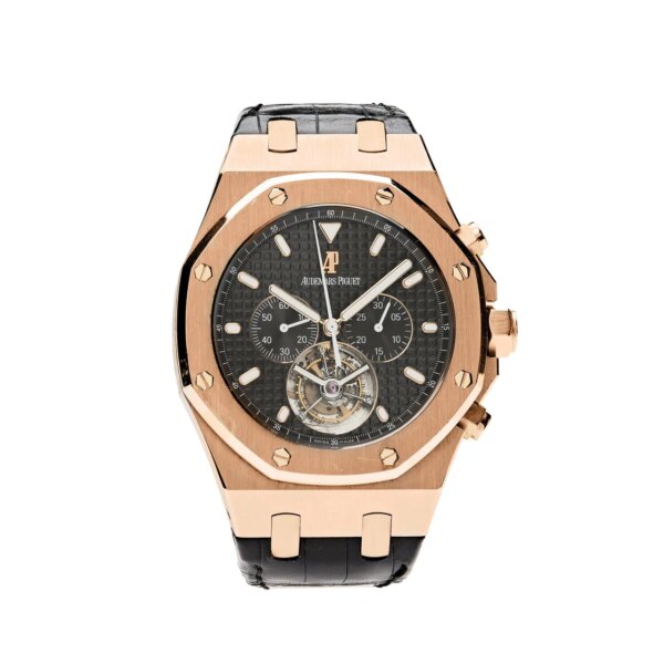 Audemars Piguet Royal Oak Tourbillon Chronograph 25977OR.OO.D002CR.01 in 18k rose gold with black dial, featuring tourbillon at 6 o'clock and chronograph function.