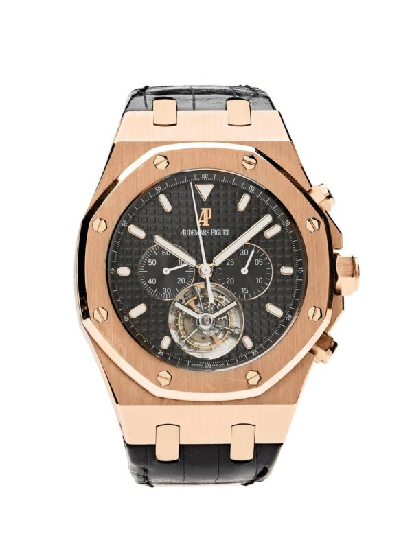 Audemars Piguet Royal Oak Tourbillon Chronograph 25977OR.OO.D002CR.01 in 18k rose gold with black dial, featuring tourbillon at 6 o'clock and chronograph function.
