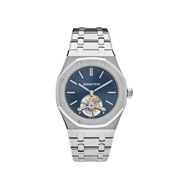 Audemars Piguet Royal Oak Tourbillon Extra-Thin 26510ST.OO.1220ST.01 in stainless steel with a blue "Grande Tapisserie" dial and visible tourbillon complication.