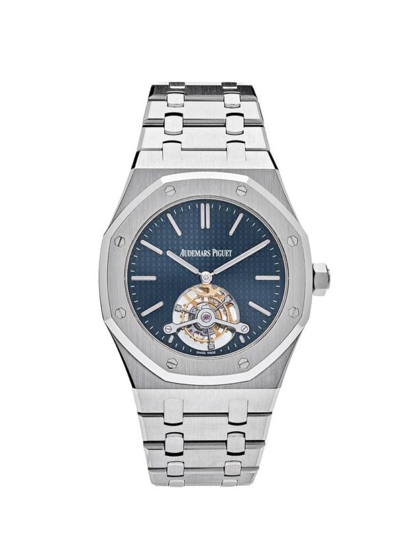 Audemars Piguet Royal Oak Tourbillon Extra-Thin 26510ST.OO.1220ST.01 in stainless steel with a blue "Grande Tapisserie" dial and visible tourbillon complication.