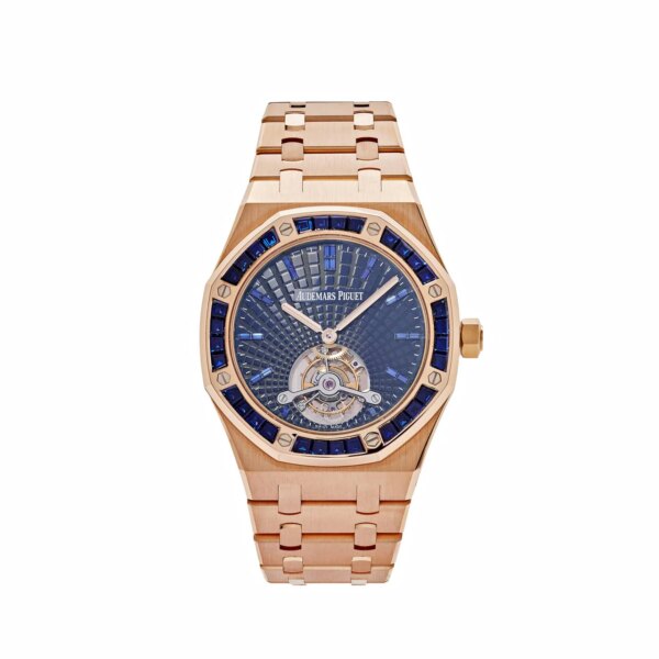 Audemars Piguet Royal Oak 26521OR.SS.1220OR.01 ‘Extra Thin’ Tourbillon in rose gold with a blue petite tapisserie dial, baguette-cut blue sapphire hour markers, and a tourbillon at 6 o'clock.