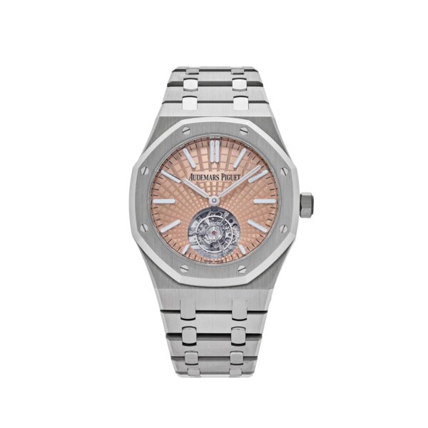 Audemars Piguet Royal Oak Selfwinding Flying Tourbillon 26531TI.OO.1220TI.01 with a titanium case, salmon Evolutive Tapisserie dial, and skeleton tourbillon at 6 o'clock.