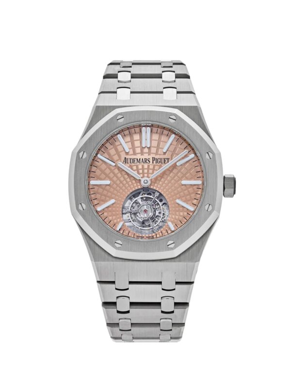 Audemars Piguet Royal Oak Selfwinding Flying Tourbillon 26531TI.OO.1220TI.01 with a titanium case, salmon Evolutive Tapisserie dial, and skeleton tourbillon at 6 o'clock.