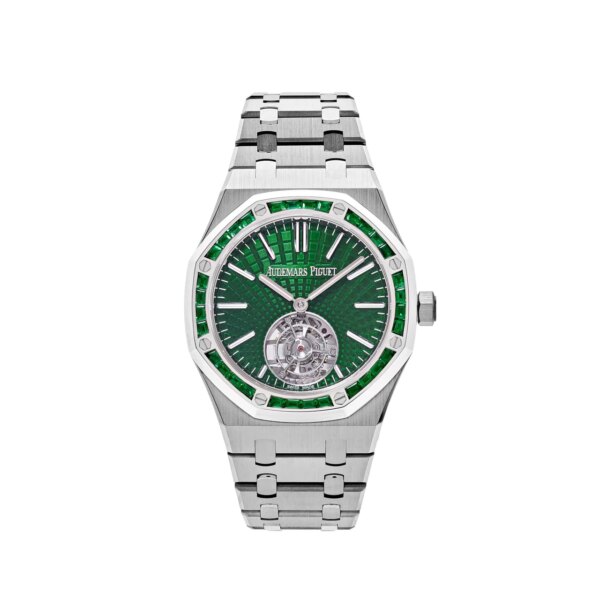 Audemars Piguet Royal Oak Selfwinding Flying Tourbillon 26532IC.EE.1220TI.01 with a titanium case, emerald green dial, white gold bezel set with emeralds, and a skeleton tourbillon.
