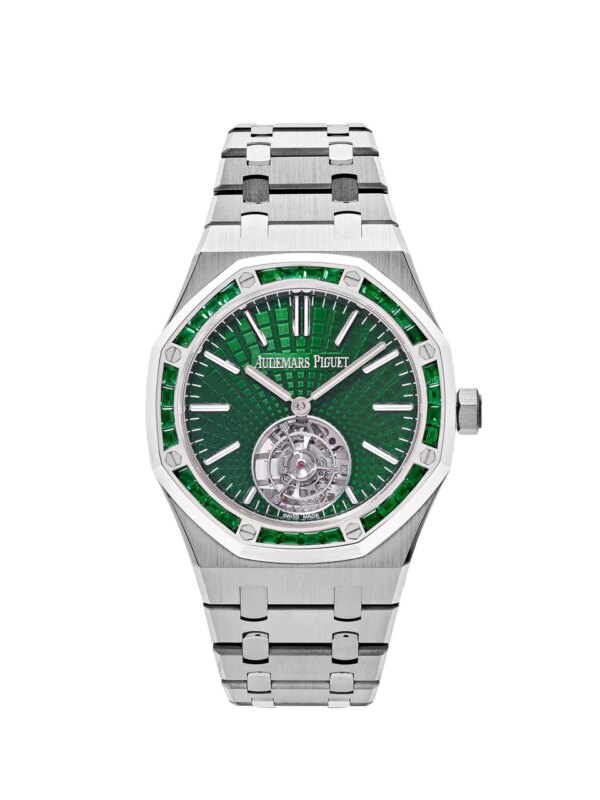 Audemars Piguet Royal Oak Selfwinding Flying Tourbillon 26532IC.EE.1220TI.01 with a titanium case, emerald green dial, white gold bezel set with emeralds, and a skeleton tourbillon.