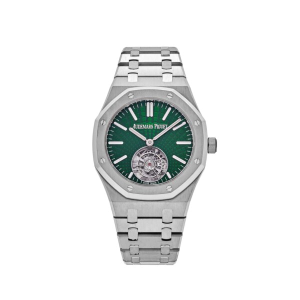 Audemars Piguet Royal Oak Selfwinding Flying Tourbillon 26534TI.OO.1220TI.01 in titanium, featuring a green Evolutive Tapisserie dial with a flying tourbillon at 6 o'clock.