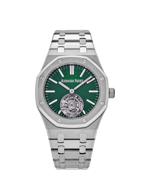 Audemars Piguet Royal Oak Selfwinding Flying Tourbillon 26534TI.OO.1220TI.01 in titanium, featuring a green Evolutive Tapisserie dial with a flying tourbillon at 6 o'clock.