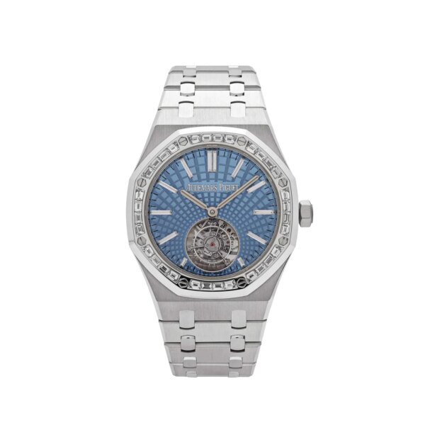Audemars Piguet Royal Oak Selfwinding Flying Tourbillon 26535PT.ZZ.1220PT.01 in platinum with a light blue Evolutive Tapisserie dial and a diamond-set bezel, showcasing the flying tourbillon at 6 o'clock.