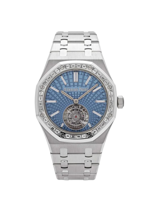 Audemars Piguet Royal Oak Selfwinding Flying Tourbillon 26535PT.ZZ.1220PT.01 in platinum with a light blue Evolutive Tapisserie dial and a diamond-set bezel, showcasing the flying tourbillon at 6 o'clock.
