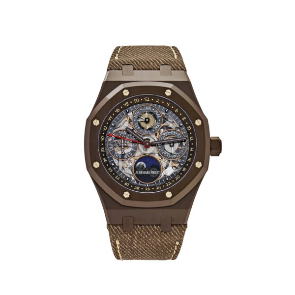Audemars Piguet Royal Oak 26585CM.OO.D301VE.01 Travis Scott 'Cactus Jack' Perpetual Calendar Limited Edition in brown ceramic with openworked dial and luminescent accents.