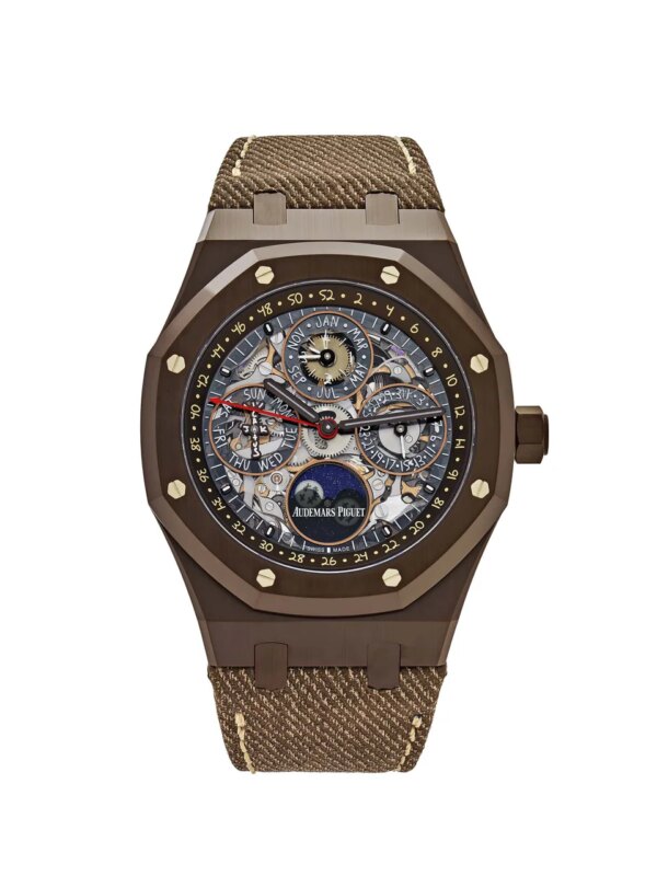 Audemars Piguet Royal Oak 26585CM.OO.D301VE.01 Travis Scott 'Cactus Jack' Perpetual Calendar Limited Edition in brown ceramic with openworked dial and luminescent accents.