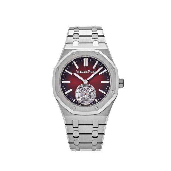Audemars Piguet Royal Oak Selfwinding Flying Tourbillon 26730ST.OO.1320ST.05 with a 41mm stainless steel case, smoked burgundy dial, white gold hour markers, and tourbillon at 6 o'clock.
