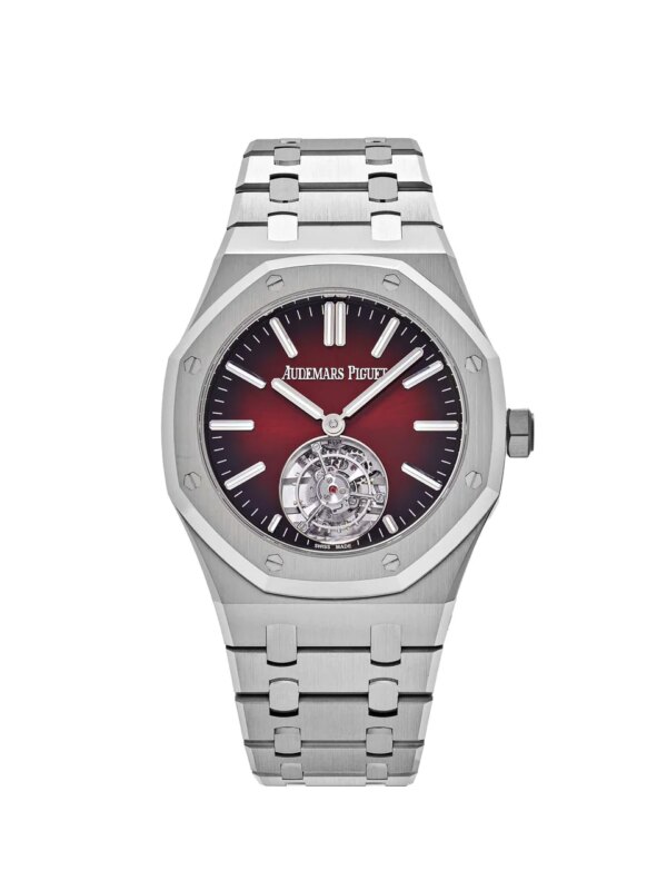 Audemars Piguet Royal Oak Selfwinding Flying Tourbillon 26730ST.OO.1320ST.05 with a 41mm stainless steel case, smoked burgundy dial, white gold hour markers, and tourbillon at 6 o'clock.