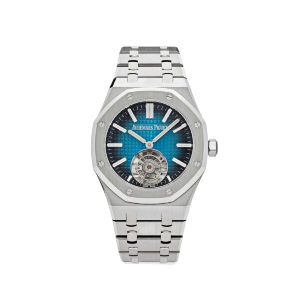 Audemars Piguet Royal Oak 26730TI.OO.1320TI.04 Flying Tourbillon watch with a 41mm titanium case, smoked blue-green Grande Tapisserie dial, white gold hour-markers, baguette-cut diamonds, and titanium bracelet.