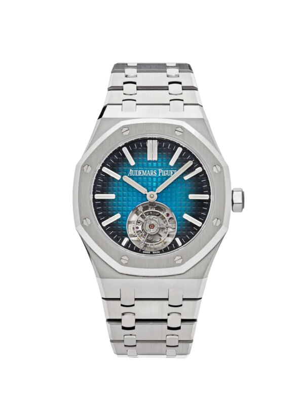 Audemars Piguet Royal Oak 26730TI.OO.1320TI.04 Flying Tourbillon watch with a 41mm titanium case, smoked blue-green Grande Tapisserie dial, white gold hour-markers, baguette-cut diamonds, and titanium bracelet.