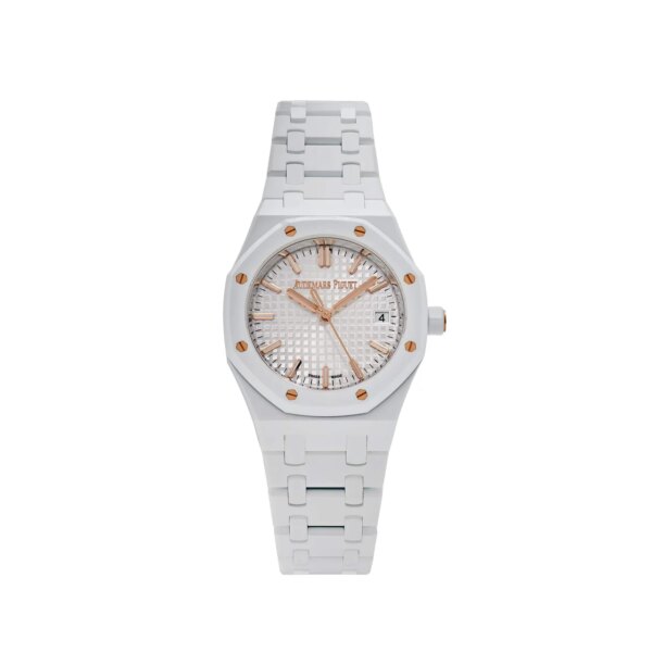 Audemars Piguet Royal Oak 77350CB.OO.1266CB.01 34mm white ceramic watch with silver 'Grande Tapisserie' dial and rose gold accents.