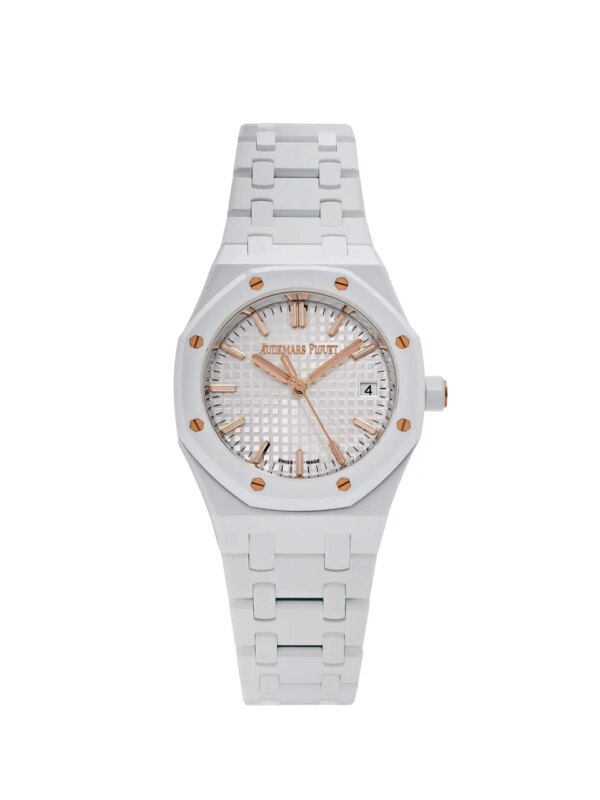 Audemars Piguet Royal Oak 77350CB.OO.1266CB.01 34mm white ceramic watch with silver 'Grande Tapisserie' dial and rose gold accents.