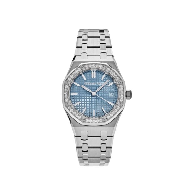 Audemars Piguet Royal Oak Selfwinding 77451ST.ZZ.1361ST.03 watch featuring a 34mm stainless steel case, diamond-set bezel, light blue 'Grande Tapisserie' dial, and stainless steel bracelet.