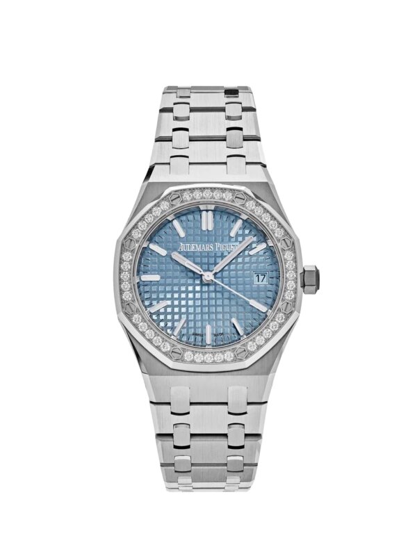 Audemars Piguet Royal Oak Selfwinding 77451ST.ZZ.1361ST.03 watch featuring a 34mm stainless steel case, diamond-set bezel, light blue 'Grande Tapisserie' dial, and stainless steel bracelet.
