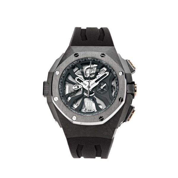 Audemars Piguet Royal Oak Concept Laptimer 26221FT.OO.D002CA.01, forged carbon case, carbon-fiber dial, laptimer function, blue and green accents, black rubber strap.