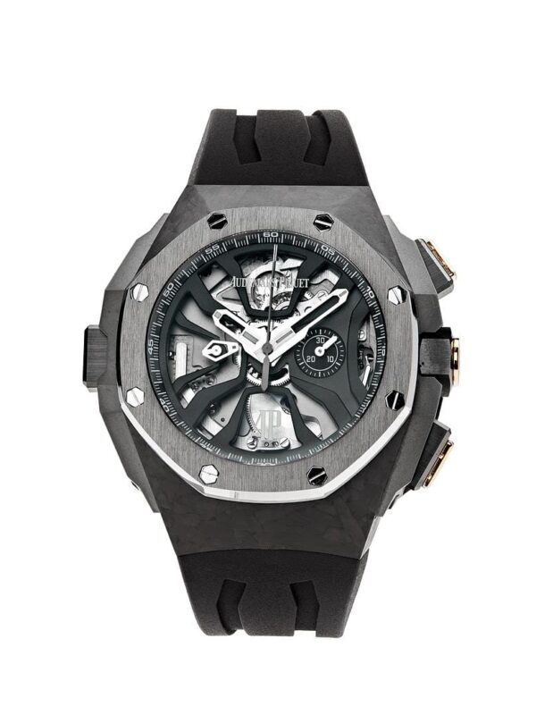 Audemars Piguet Royal Oak Concept Laptimer 26221FT.OO.D002CA.01, forged carbon case, carbon-fiber dial, laptimer function, blue and green accents, black rubber strap.