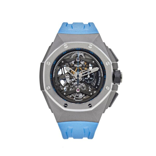 Audemars Piguet Royal Oak Concept Tourbillon Chronograph Openworked Selfwinding 26587TI.OO.D031CA.01, titanium case, openworked dial, tourbillon, and chronograph functions.