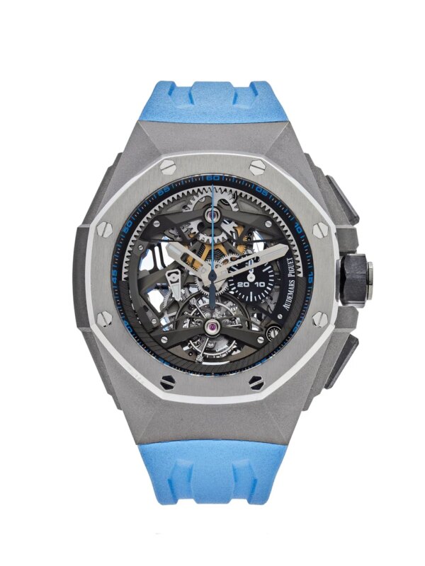 Audemars Piguet Royal Oak Concept Tourbillon Chronograph Openworked Selfwinding 26587TI.OO.D031CA.01, titanium case, openworked dial, tourbillon, and chronograph functions.