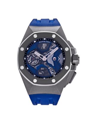 Audemars Piguet Royal Oak Concept Flying Tourbillon GMT Titanium 26589IO.OO.D030CA.01, lightweight titanium case, open-worked dial, black rubber strap, flying tourbillon.