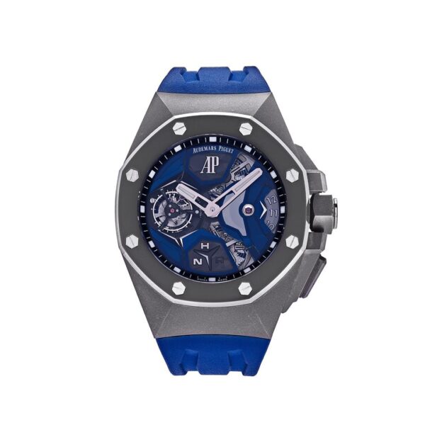 Audemars Piguet Royal Oak Concept Flying Tourbillon GMT Titanium 26589IO.OO.D030CA.01, lightweight titanium case, open-worked dial, black rubber strap, flying tourbillon.