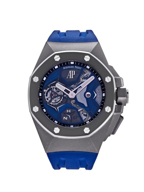 Audemars Piguet Royal Oak Concept Flying Tourbillon GMT Titanium 26589IO.OO.D030CA.01, lightweight titanium case, open-worked dial, black rubber strap, flying tourbillon.