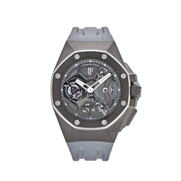 Audemars Piguet Royal Oak Concept 26589TI.GG.D006CA.01, 44mm titanium case with open-worked dial, flying tourbillon, GMT function, and grey leather strap.