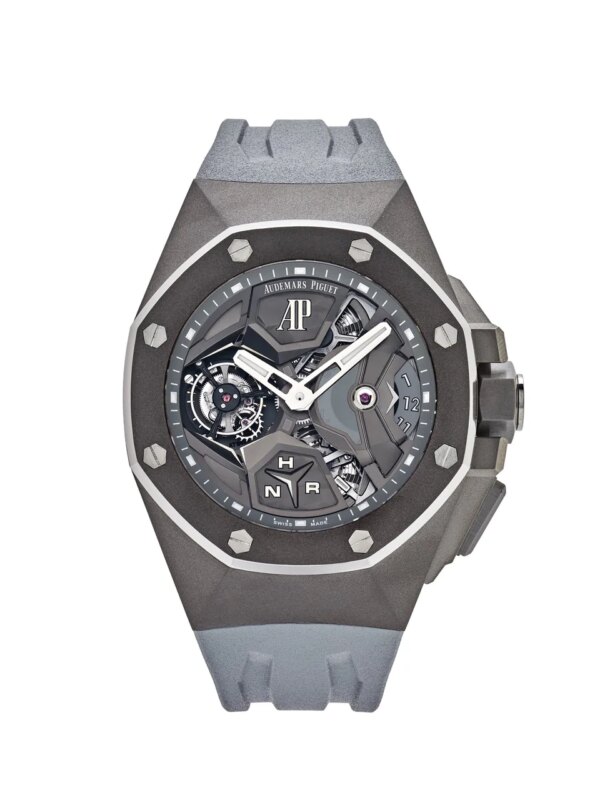 Audemars Piguet Royal Oak Concept 26589TI.GG.D006CA.01, 44mm titanium case with open-worked dial, flying tourbillon, GMT function, and grey leather strap.