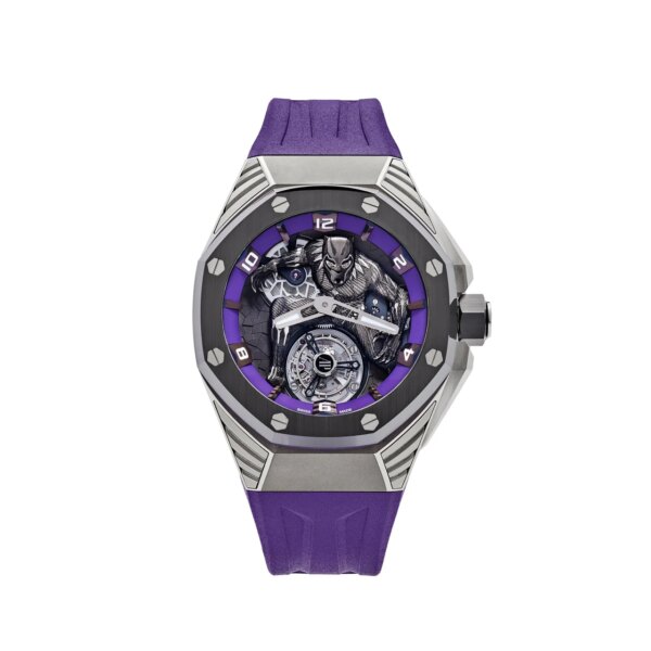 Audemars Piguet Royal Oak Concept 'Black Panther' Flying Tourbillon 26620IO.OO.D077CA.01, lightweight titanium case, black ceramic bezel, Black Panther motif, purple bezel.