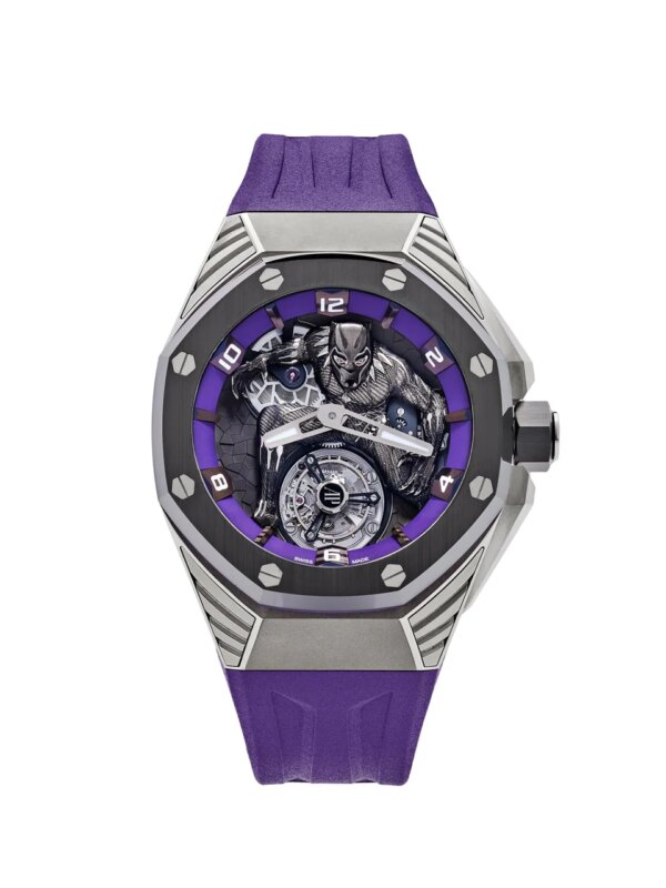 Audemars Piguet Royal Oak Concept 'Black Panther' Flying Tourbillon 26620IO.OO.D077CA.01, lightweight titanium case, black ceramic bezel, Black Panther motif, purple bezel.