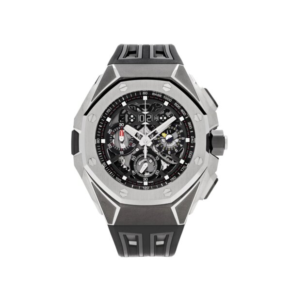 Audemars Piguet Royal Oak Concept Split Second Chronograph GMT Large Date 26650TI.OO.D013CA.01, titanium case with skeletonized dial, rubber strap, and advanced complications.