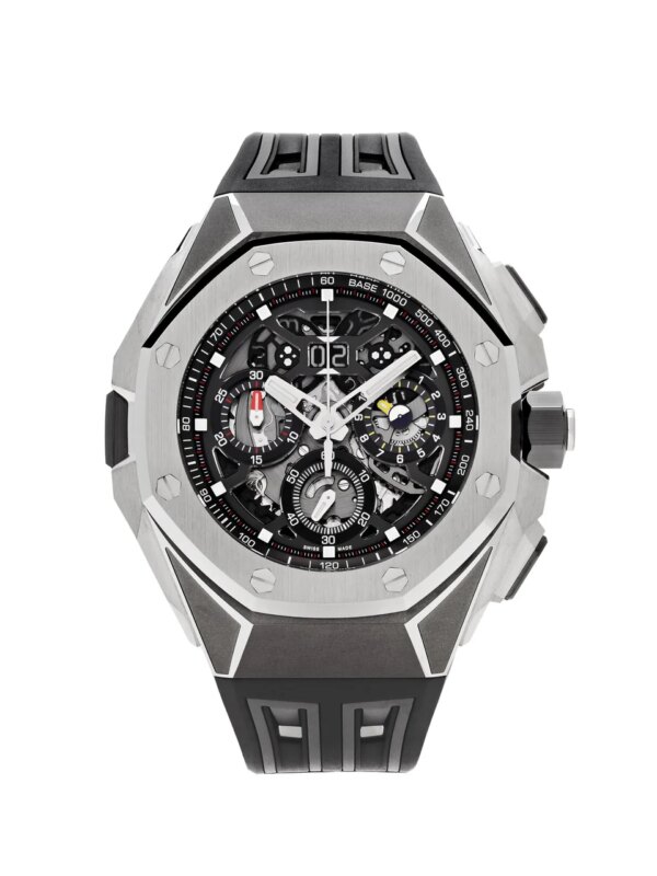 Audemars Piguet Royal Oak Concept Split Second Chronograph GMT Large Date 26650TI.OO.D013CA.01, titanium case with skeletonized dial, rubber strap, and advanced complications.