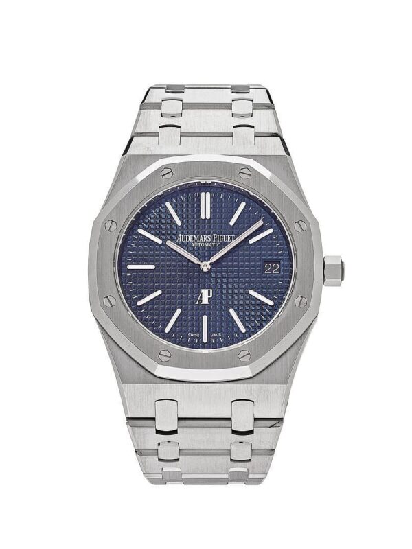 Audemars Piguet Royal Oak 'Jumbo' Extra Thin 15202ST.OO.1240ST.01 with blue Petite Tapisserie dial and stainless steel bracelet.