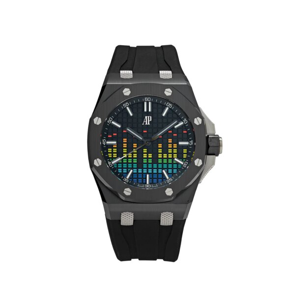 Audemars Piguet Royal Oak Offshore Selfwinding 'Music Edition' 15600CE.OO.A002CA.01 with a black dial, VU meter display, and 43mm case, inspired by retro recording studio technology.