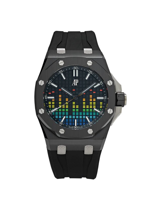 Audemars Piguet Royal Oak Offshore Selfwinding 'Music Edition' 15600CE.OO.A002CA.01 with a black dial, VU meter display, and 43mm case, inspired by retro recording studio technology.