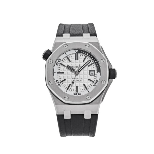 Audemars Piguet Royal Oak Offshore Diver 15710ST.OO.A002CA.02, 42mm stainless steel case, silver-toned Méga Tapisserie dial, black rubber strap, and 300m water resistance.