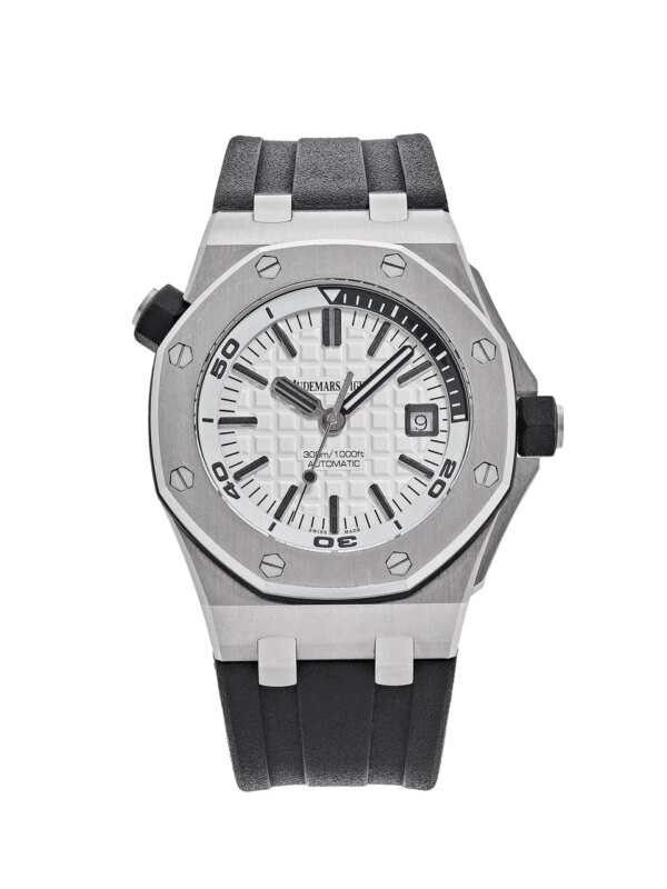 Audemars Piguet Royal Oak Offshore Diver 15710ST.OO.A002CA.02, 42mm stainless steel case, silver-toned Méga Tapisserie dial, black rubber strap, and 300m water resistance.